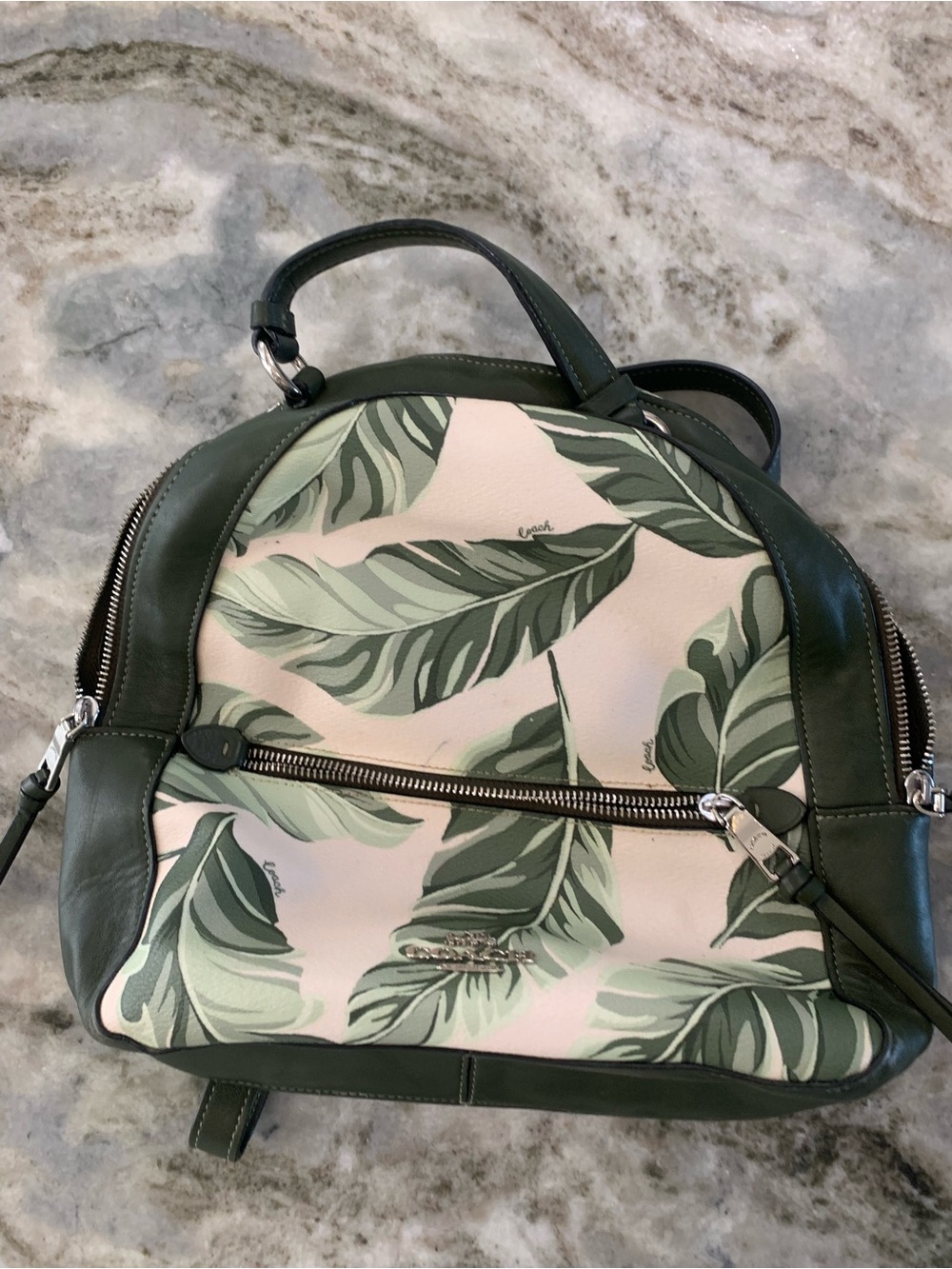 Coach Green Leaf Print Leather Backpack